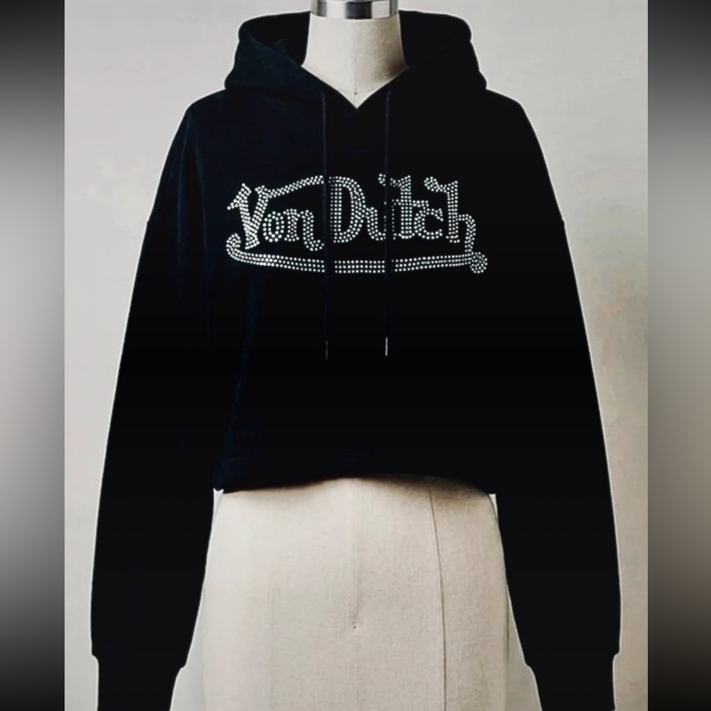 Von Dutch Black Hoodie with Rhinestone Logo Detail